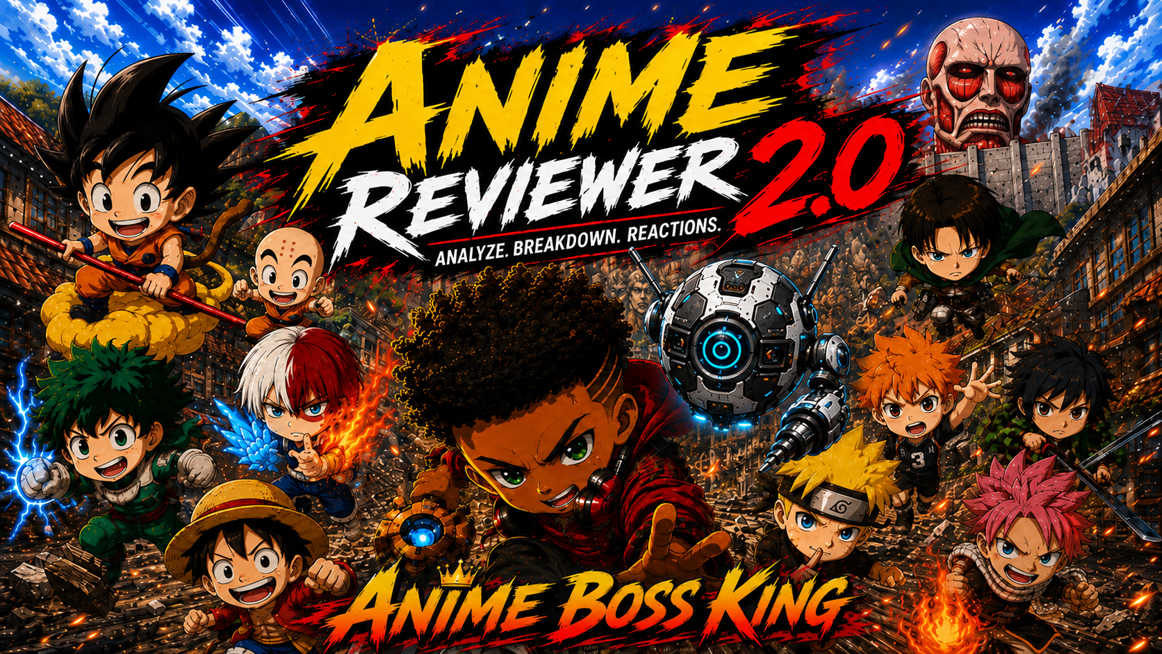 Anime Reviewer 2.0 action collage featuring the Anime Boss King character